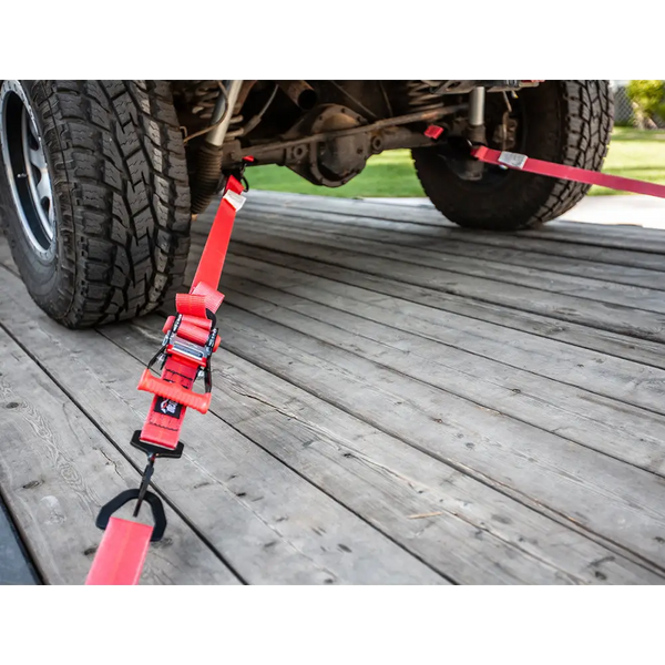 RaceX | 2In x 8Ft Sujetador de Trinquete con  Ganchos de Resorte Torcidos y Combo Eslinga para Eje -NEGRO